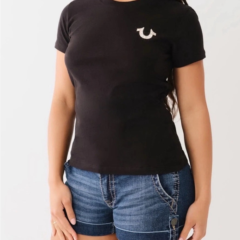 TRUE RELIGION WOMEN'S JET BLACK RIB HS CRYSTAL GLITTER TEE SIZE LARGE